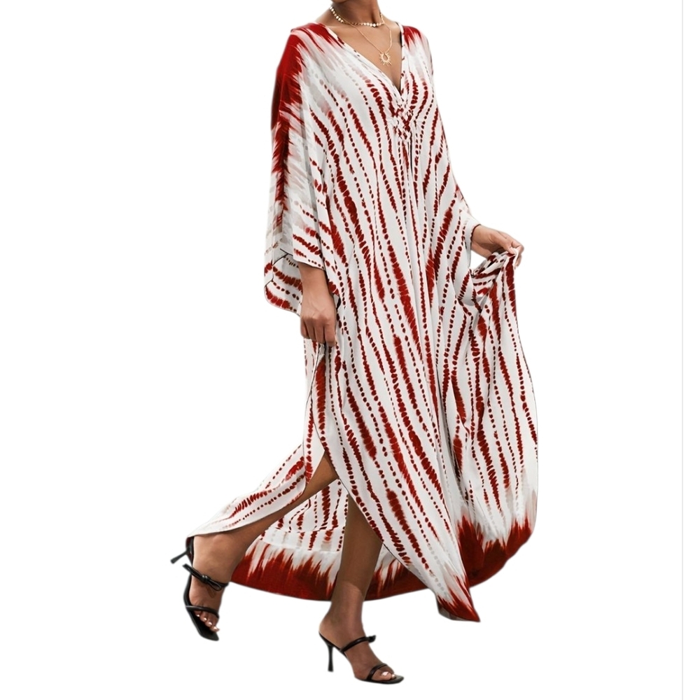 Red And White Kaftan Maxi Dress One Size